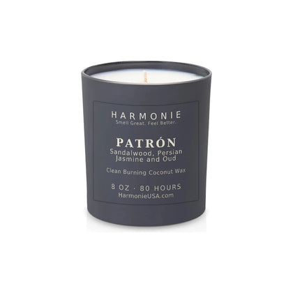 Harmonie Patrón coconut wax candle, 8 oz, 80 hour burn time, matte charcoal grey glass vessel with a single wick, unlit, on a white background
