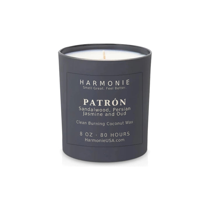 Harmonie Patrón coconut wax candle, 8 oz, 80 hour burn time, matte charcoal grey glass vessel with a single wick, unlit, on a white background
