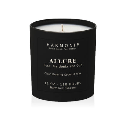 Harmonie Allure coconut wax candle, 11 oz, 125 hour burn time, matte black glass vessel with a single wick, unlit, on a white background