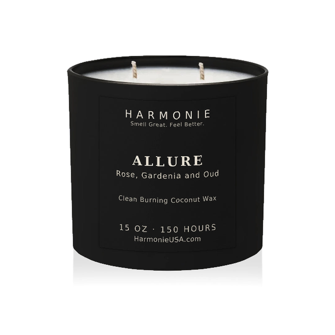 Harmonie Allure coconut wax candle, 15 oz, 150 hour burn time, matte black glass vessel with two wicks, unlit, on a white background