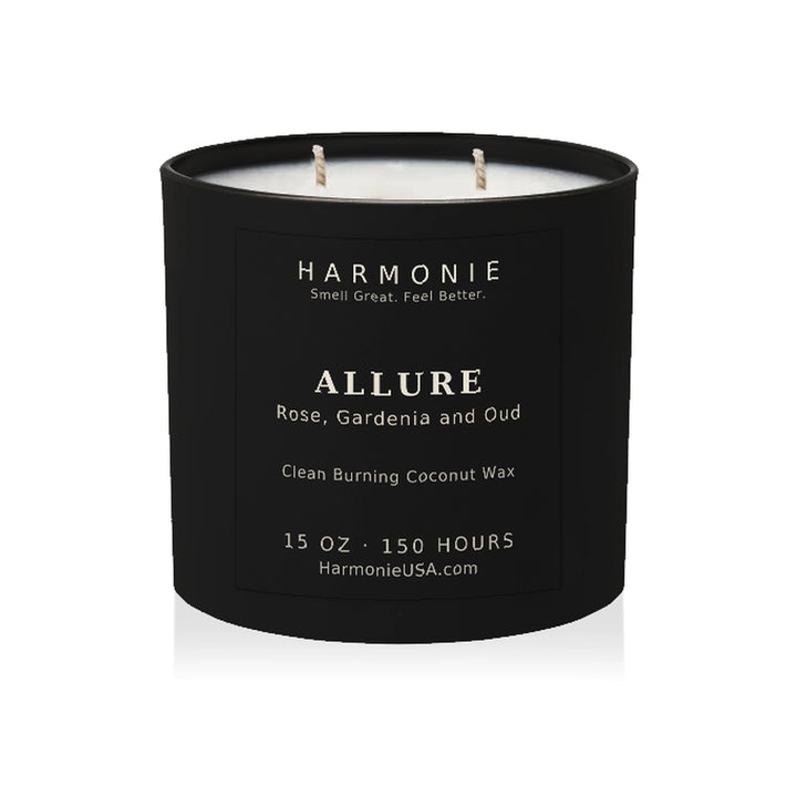 Harmonie Allure coconut wax candle, 15 oz, 150 hour burn time, matte black glass vessel with two wicks, unlit, on a white background
