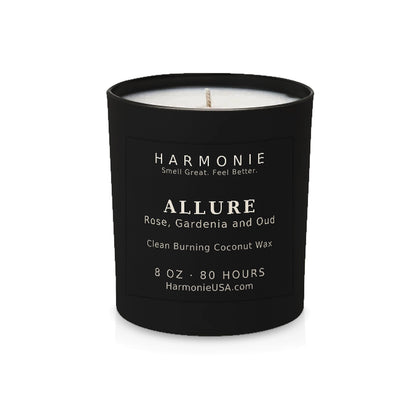 Harmonie Allure coconut wax candle, 8 oz, 80 hour burn time, matte black glass vessel with a single wick, unlit, on a white background