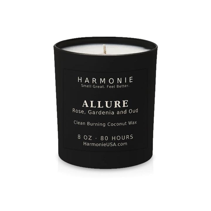 Harmonie Allure coconut wax candle, 8 oz, 80 hour burn time, matte black glass vessel with a single wick, unlit, on a white background