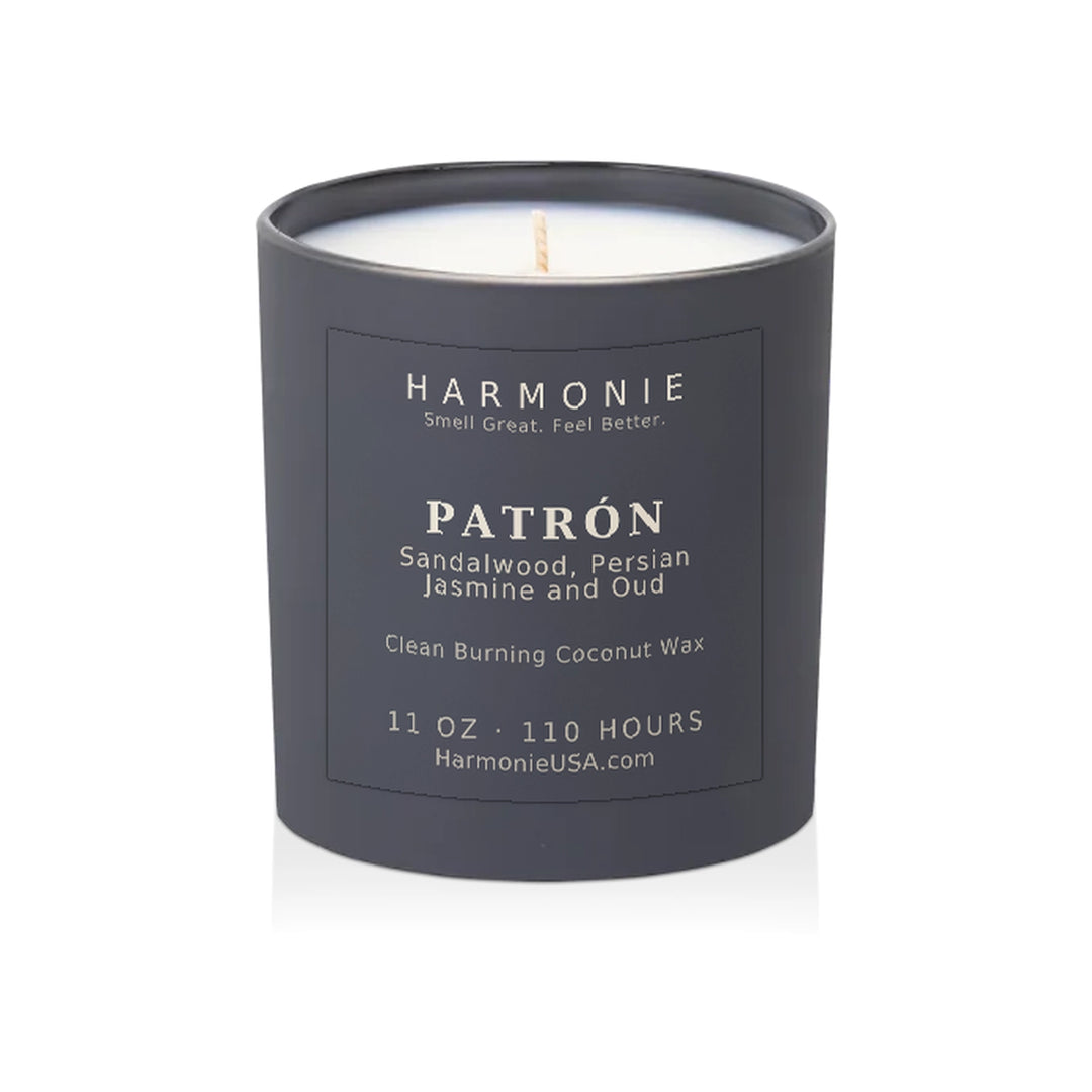 Harmonie Patrón coconut wax candle, 11 oz, 125 hour burn time, matte charcoal grey glass vessel with a single wick, unlit, on a white background
