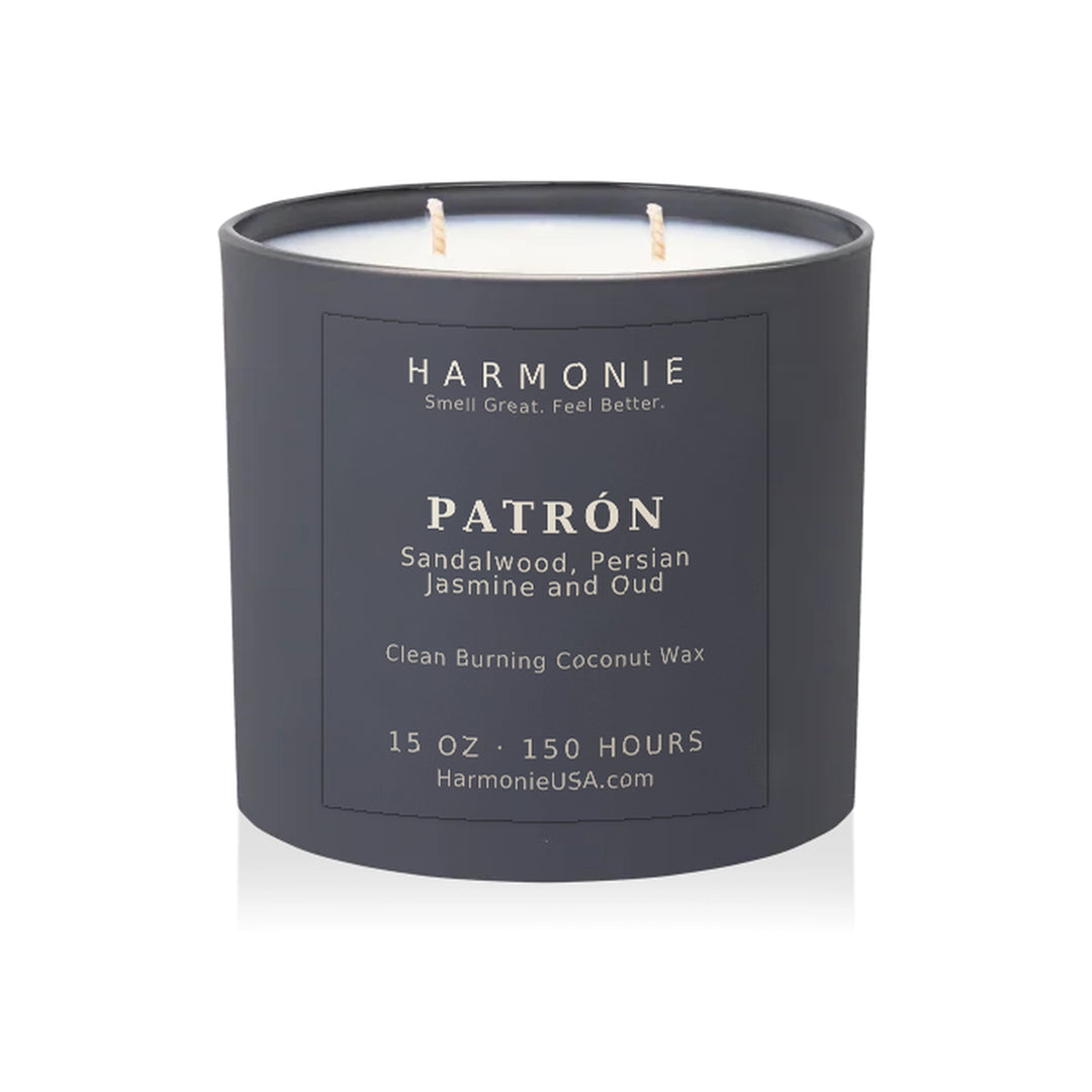 Harmonie Patrón coconut wax candle, 15 oz, 150 hour burn time, matte charcoal grey glass vessel with two wicks, unlit, on a white background