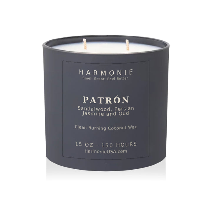 Harmonie Patrón coconut wax candle, 15 oz, 150 hour burn time, matte charcoal grey glass vessel with two wicks, unlit, on a white background