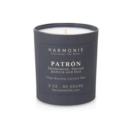 Harmonie Patrón coconut wax candle, 8 oz, 80 hour burn time, matte charcoal grey glass vessel with a single wick, unlit, on a white background