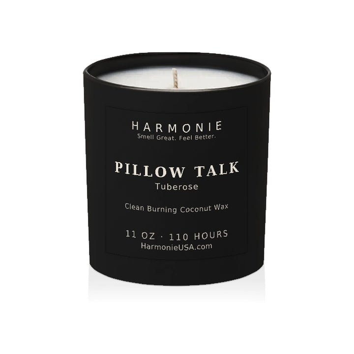 Harmonie Pillow Talk coconut wax candle, 11 oz, 125 hour burn time, matte black glass vessel with a single wick, unlit, on a white background