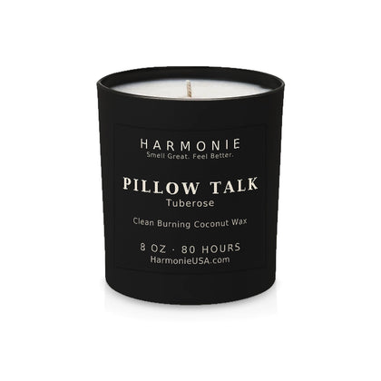 Harmonie Pillow Talk coconut wax candle, 8 oz, 80 hour burn time, matte black glass vessel with a single wick, unlit, on a white background