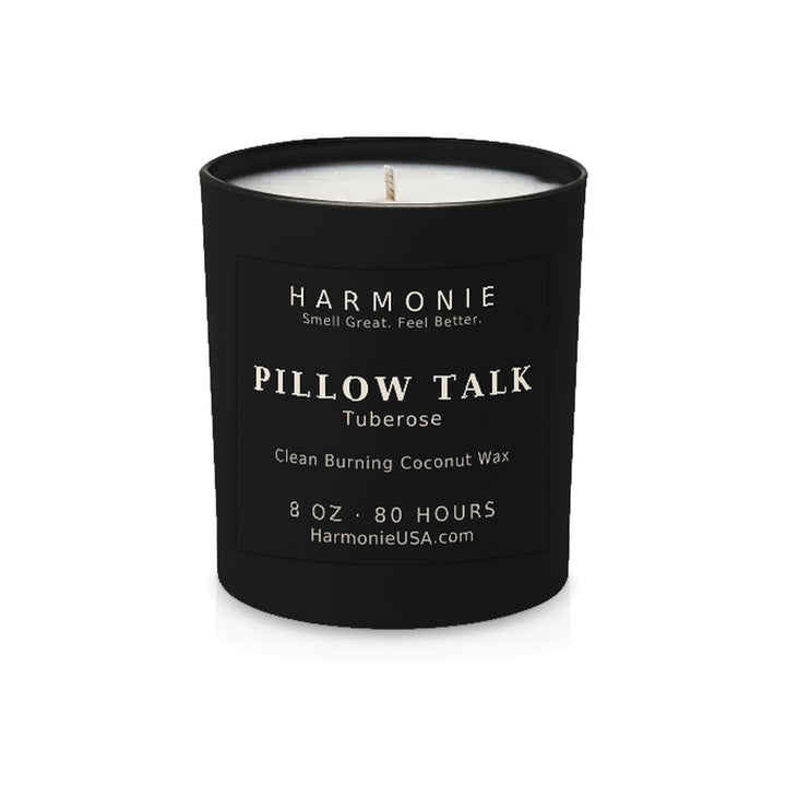 Harmonie Pillow Talk coconut wax candle, 8 oz, 80 hour burn time, matte black glass vessel with a single wick, unlit, on a white background