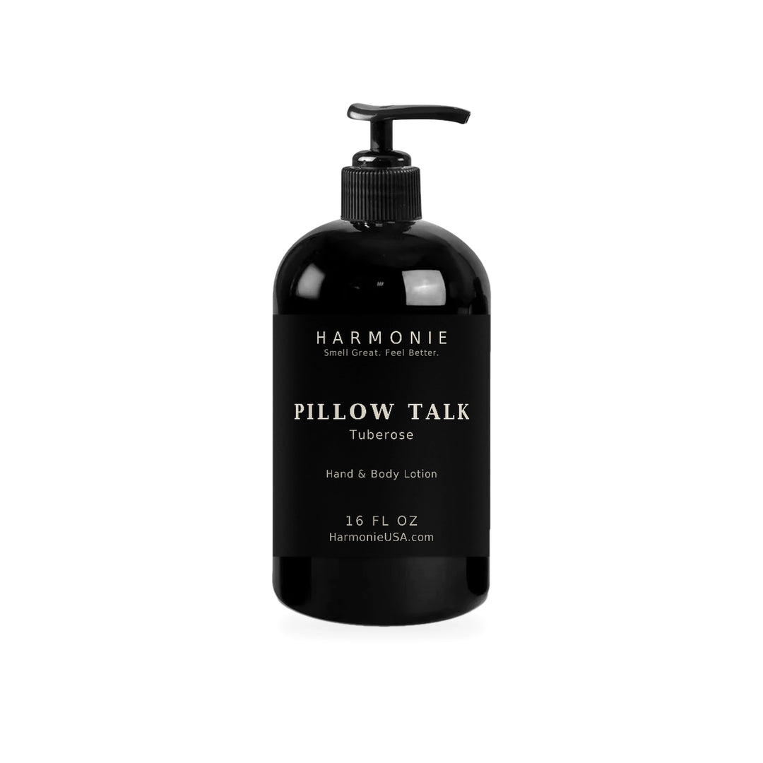 Harmonie Pillow Talk 16 oz hand and body lotion, tuberose, matte black pump bottle on a white background