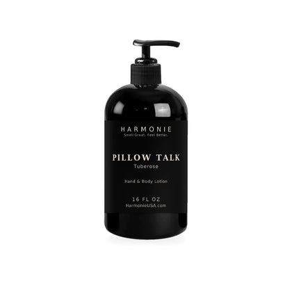 Harmonie Pillow Talk 16 oz hand and body lotion, tuberose, matte black pump bottle on a white background