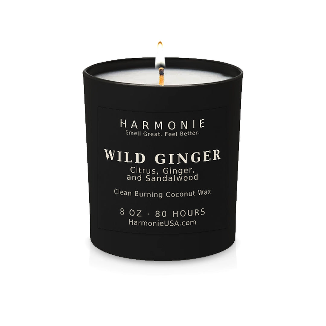 Harmonie Wild Ginger coconut wax candle, 8 oz, 80 hour burn time, matte black glass vessel with a single lit wick, on a white background