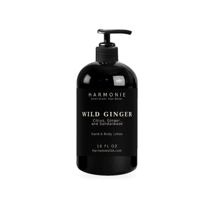 Harmonie Wild Ginger 16 oz hand and body lotion, citrus, ginger and sandalwood, matte black pump bottle on a white background