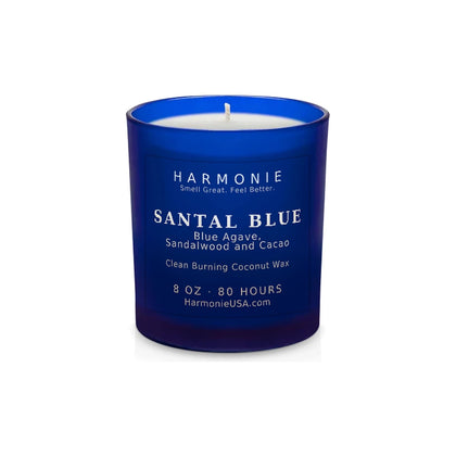 Harmonie Santal Blue coconut wax candle, 8 oz, 80 hour burn time, frosted sapphire blue glass vessel with a single wick, unlit, on a white background