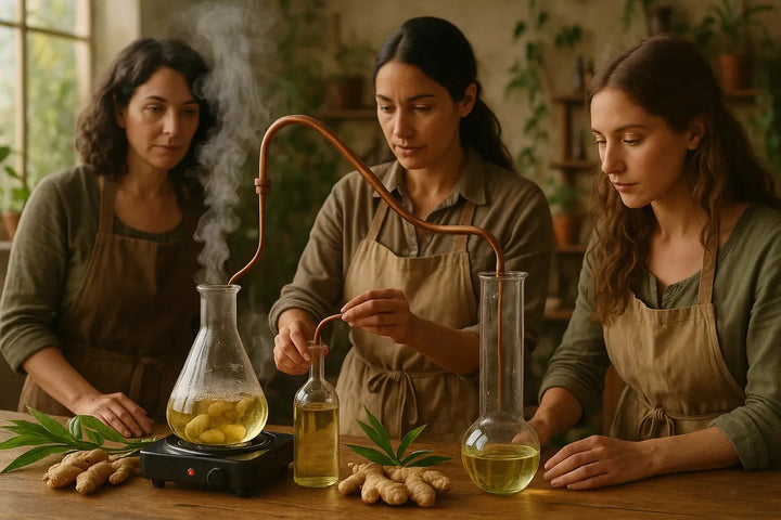 women using steam distilled process to provide fragrance from ginger plant