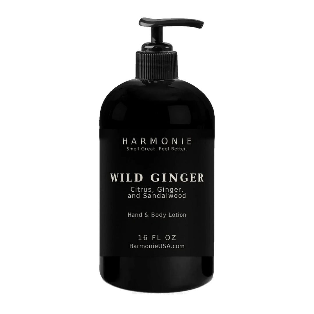 Harmonie Wild Ginger hand and body lotion, 16 oz matte black pump bottle