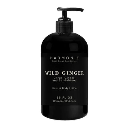 Harmonie Wild Ginger hand and body lotion, 16 oz matte black pump bottle