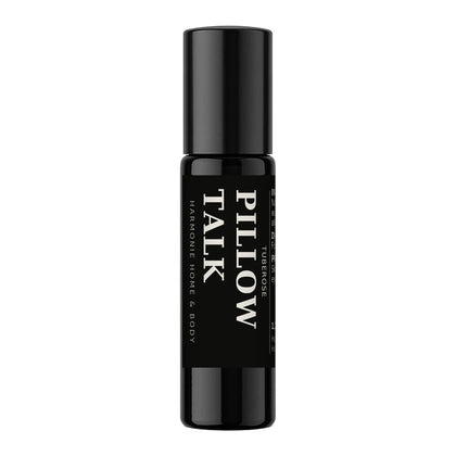 Pillow Talk perfume roller, 1.2 oz amber glass bottle with black Pillow Talk label, Harmonie Home & Body
