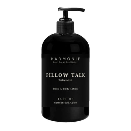 Harmonie Pillow Talk hand and body lotion, 16 oz matte black pump bottle