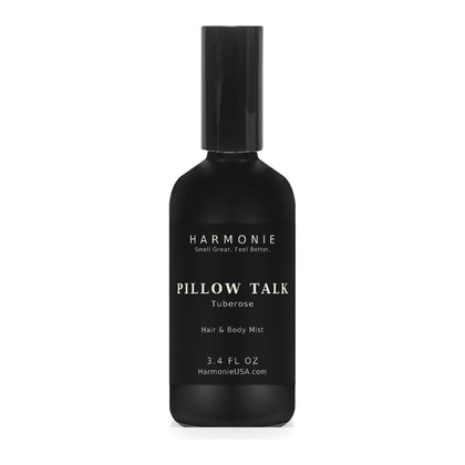 Harmonie Pillow Talk 3.4 oz hair and body mist, tuberose, matte black glass spray bottle on a white background