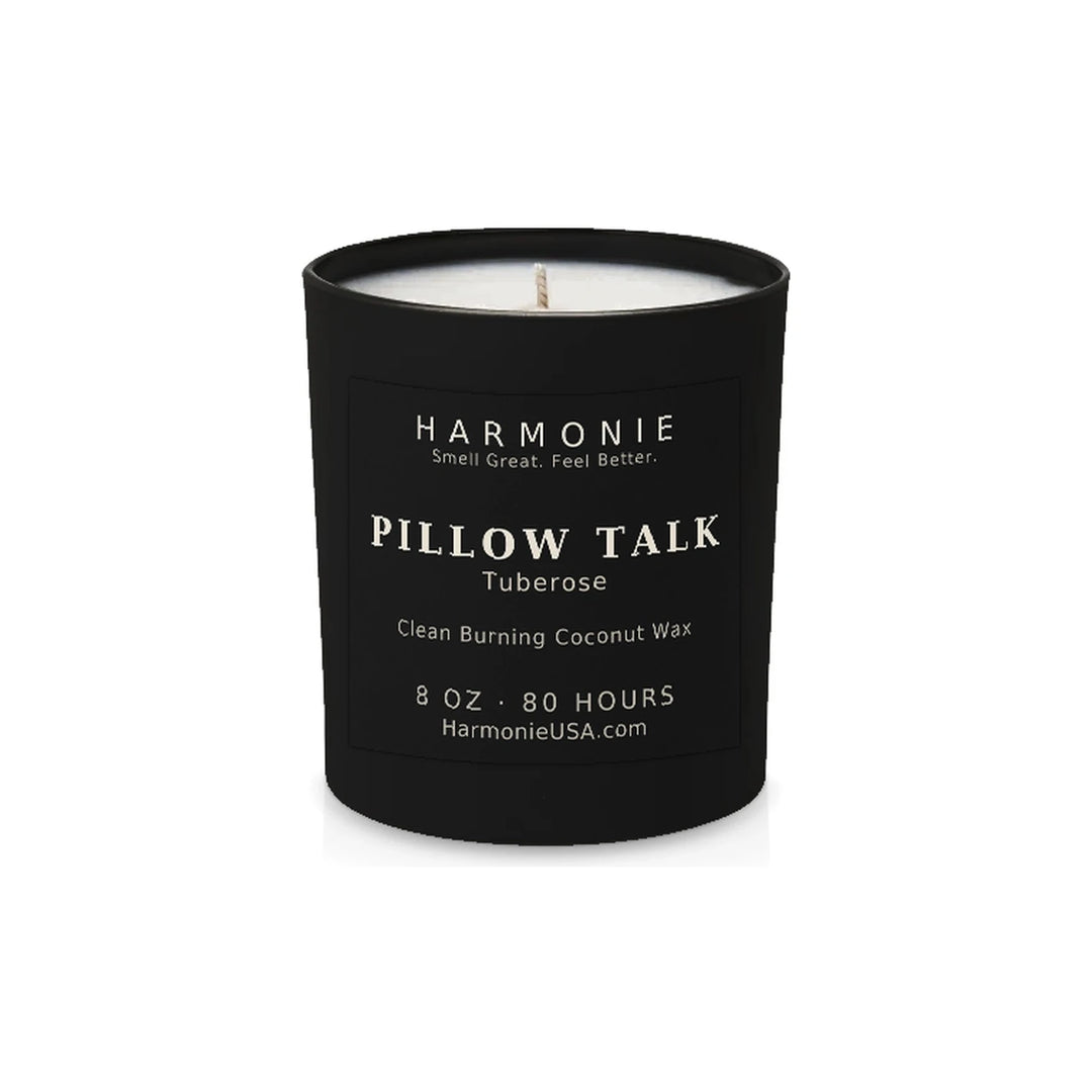 Harmonie Pillow Talk coconut wax candle, 8 oz, 80 hour burn time, matte black glass vessel with a single wick, unlit, on a white background