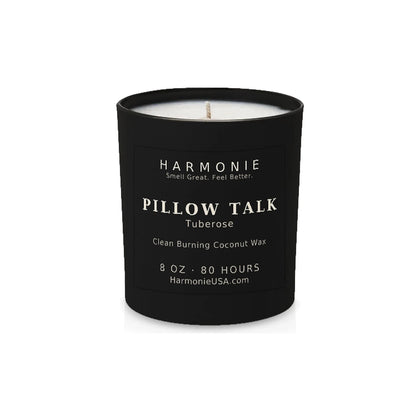 Harmonie Pillow Talk coconut wax candle, 8 oz, 80 hour burn time, matte black glass vessel with a single wick, unlit, on a white background