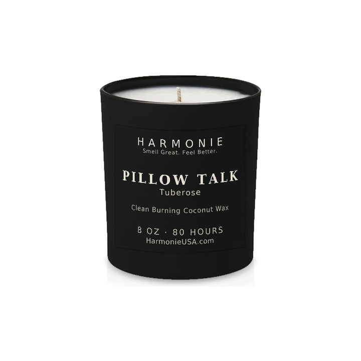 Harmonie Pillow Talk coconut wax candle, 8 oz, 80 hour burn time, matte black glass vessel with a single wick, unlit, on a white background