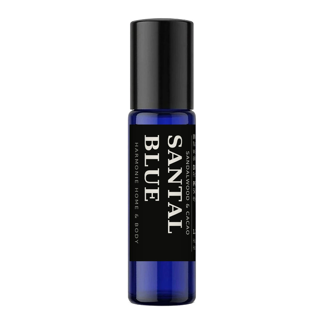 Santal Blue perfume roller, 1.2 oz amber glass bottle with black Santal Blue label, Harmonie Home & Body