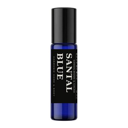 Santal Blue perfume roller, 1.2 oz amber glass bottle with black Santal Blue label, Harmonie Home & Body