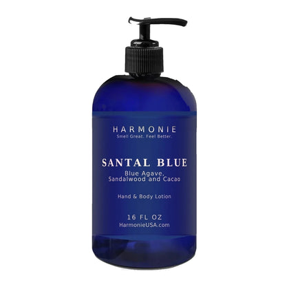 Harmonie Santal Blue hand and body lotion, 16 oz blue pump bottle