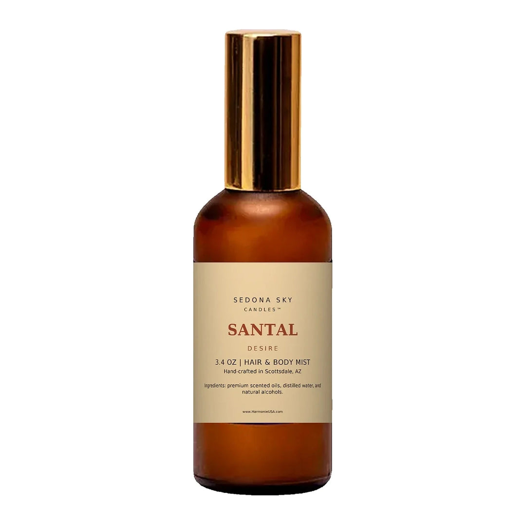 Sedona Sky Santal Desire hair and body mist, 3.4 oz amber glass bottle with gold cap and Amber Sand label