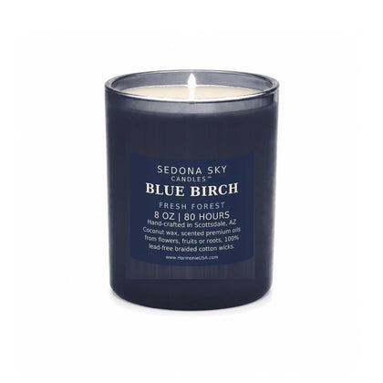 Sedona Sky Blue Birch candle, 8 oz navy glass jar with matte matte navy label, lit wick and visible wax pool, on a seamless white background