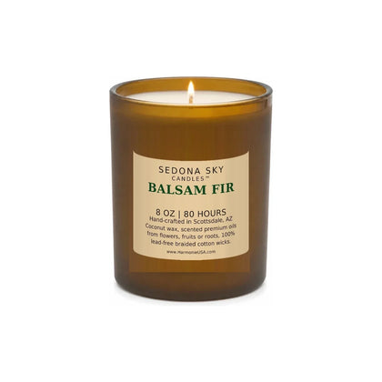 Balsam Fir Seasons candle in amber glass, Sedona Sky Candles