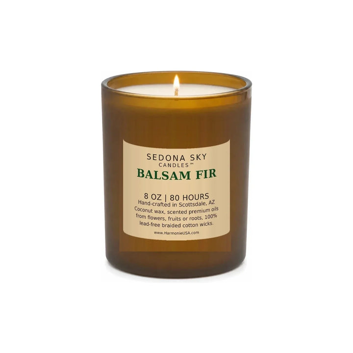 Balsam Fir Seasons candle in amber glass, Sedona Sky Candles
