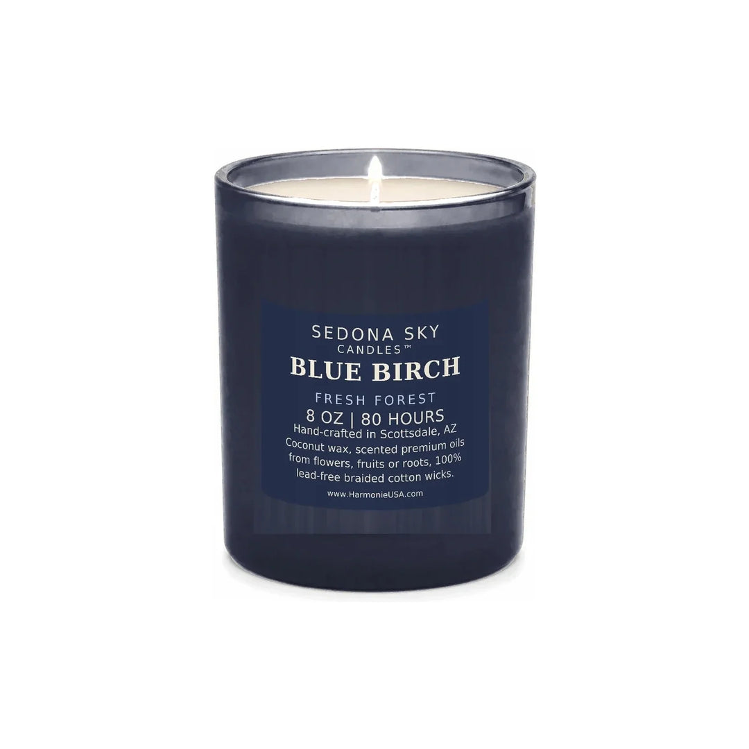 Blue Birch candle in blue glass, Sedona Sky Candles