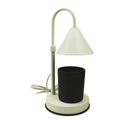 Sedona Sky matte white candle warmer lamp, flameless, with a black coconut wax candle on the base and a coiled white power cord, on a pure white background
