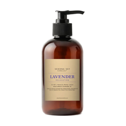Sedona Sky Lavender Relaxation body lotion, 12 oz amber bottle with black pump and Amber Sand label