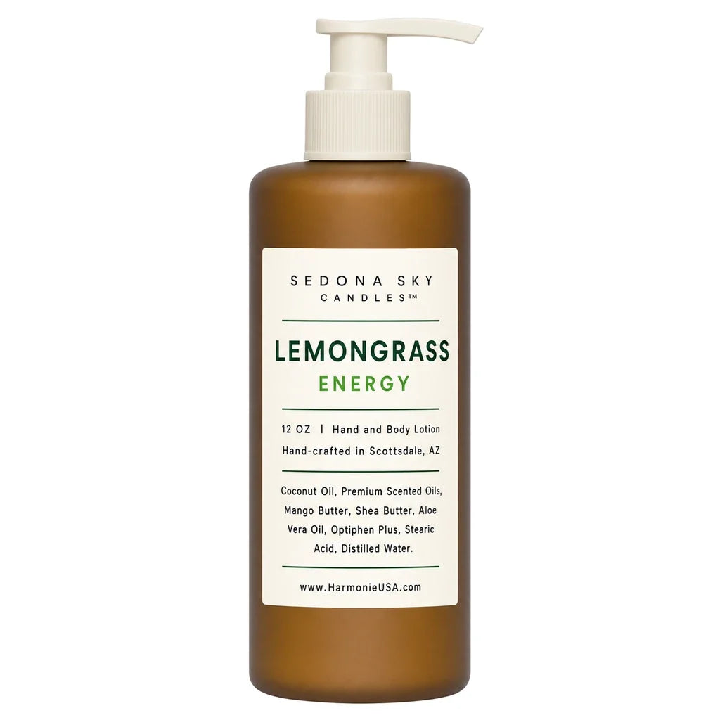 Harmonie Lemongrass Energy 12 oz body lotion in an amber matte pump bottle on a white background