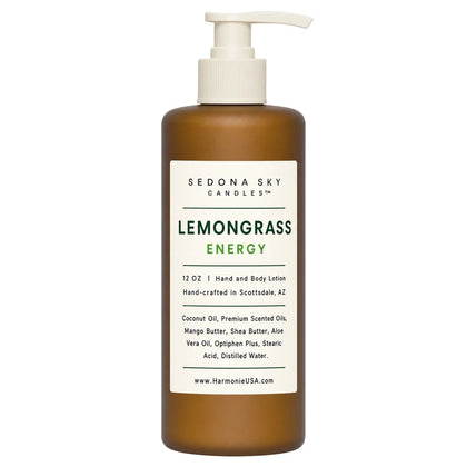Sedona Sky Candles™ Lemongrass Energy 12 oz body lotion in an amber matte pump bottle on a white background