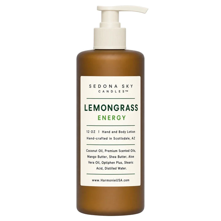 Harmonie Lemongrass Energy 12 oz body lotion in an amber matte pump bottle on a white background