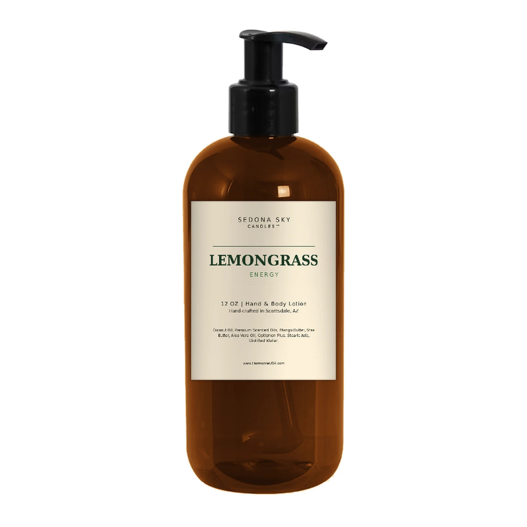 Sedona Sky Lemongrass Energy hand and body lotion, 12 oz amber pump bottle