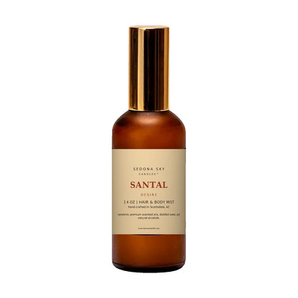 Sedona Sky Santal Desire hair and body mist, 3.4 oz amber glass bottle with gold cap and Amber Sand label