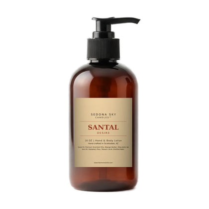 Sedona Sky Santal Desire body lotion, 16 oz amber bottle, black pump, matte Amber Sand label