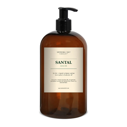 Sedona Sky Santal Desire hand and body lotion, 16 oz amber pump bottle