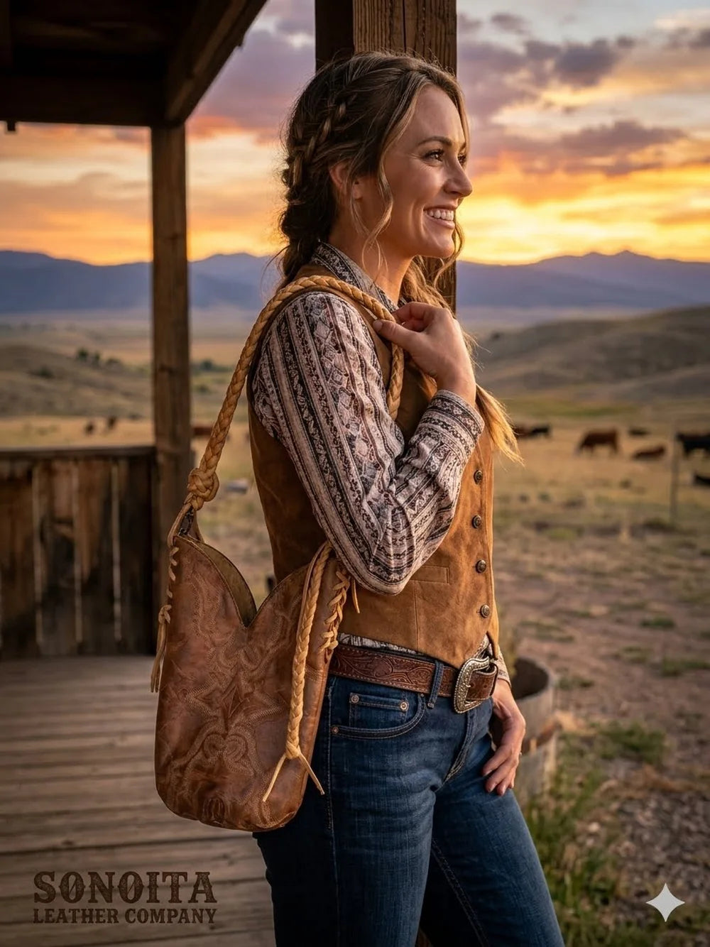 Woman wearing the Sonoita Leather Company upcycled cowboy boot purse at sunset on a ranch