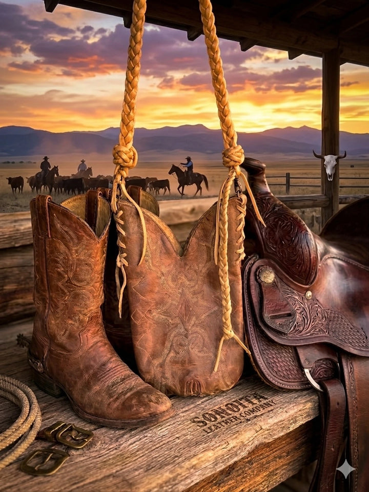 Sonoita Leather Company cowboy boots and saddle at sunset on the ranch