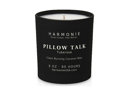 Harmonie Pillow Talk Tuberose 8 oz coconut wax candle in matte black glass