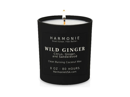 Harmonie Wild Ginger 8 oz coconut wax candle in matte black glass