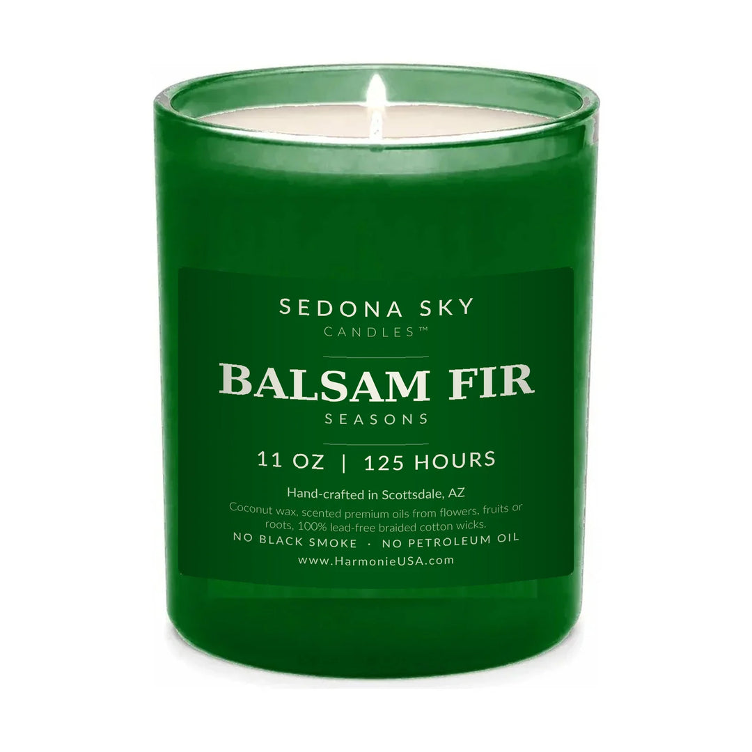 Sedona Sky Balsam Fir Seasons coconut wax candle, 11 oz green glass jar